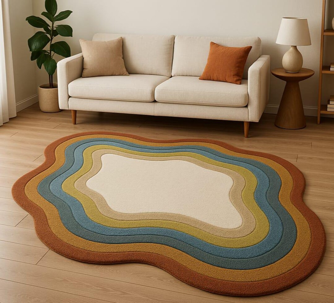 Retro Wavy Irregular Shape Rug – Handmade Multi-color 5x8/6x9/7x10 ...