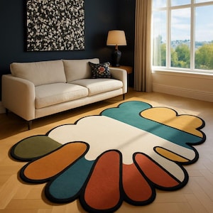Retro Petal Shape Rug – Multicolor Handmade Tufted Flower Carpet, Playful Modern Area Rug for Living Room, Kids Room, Boho Home Decor Rug