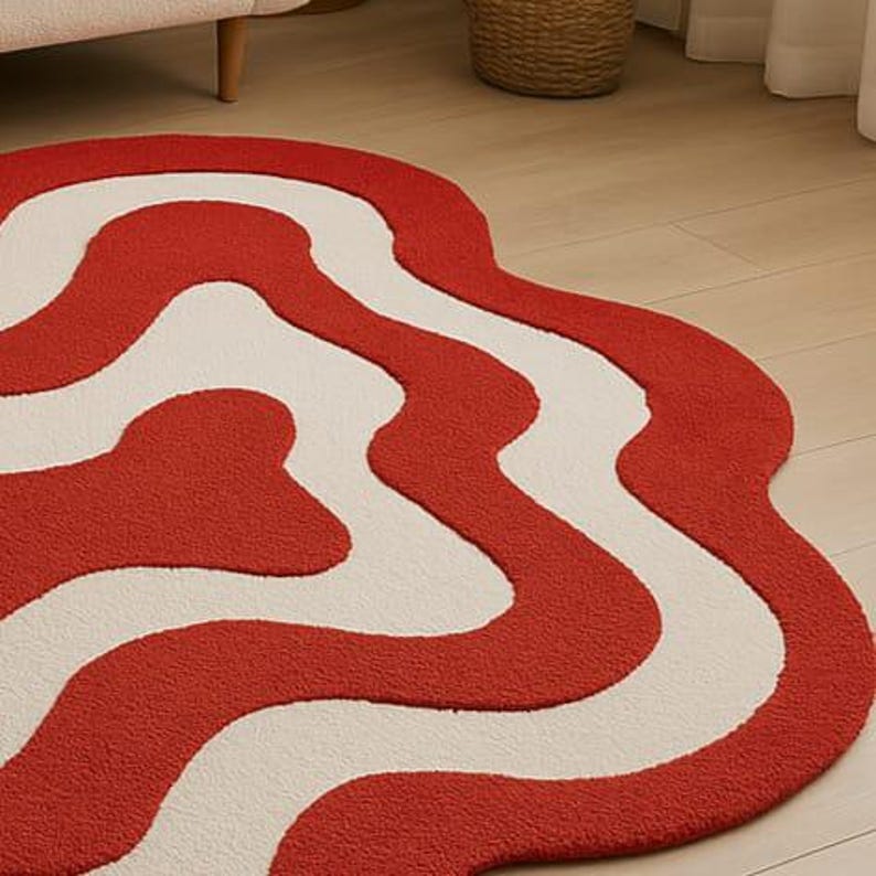 Hand-tufted bold red and white abstract rug with irregular amoeba shape and sculptural wavy layers. Modern retro design perfect for living rooms, bedrooms, or artistic spaces. Handmade custom wool rug adds visual interest and a fun pop of color to minimalist or boho interiors. Soft, cozy, and durable area rug ideal for under coffee tables or sofas. Unique sculpted carpet designed to elevate home decor with a bold and stylish statement.