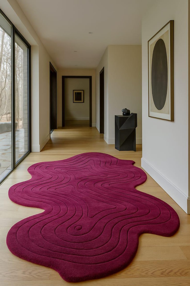 Unique Shape Runner Rug Modern Magenta Irregular Runner Rug | Handmade Tufted Wavy Line Carpet ...