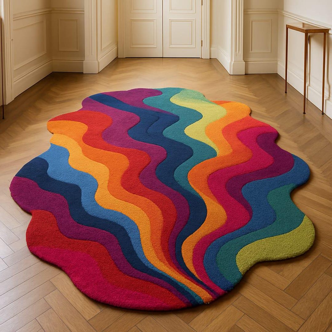 Bold Wavy Rainbow Rug – Handmade Multi Color Irregular Tufted Carpet ...