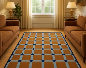 Burnt Orange Grid Rug – Mid-Century Modern Wool Area Carpet