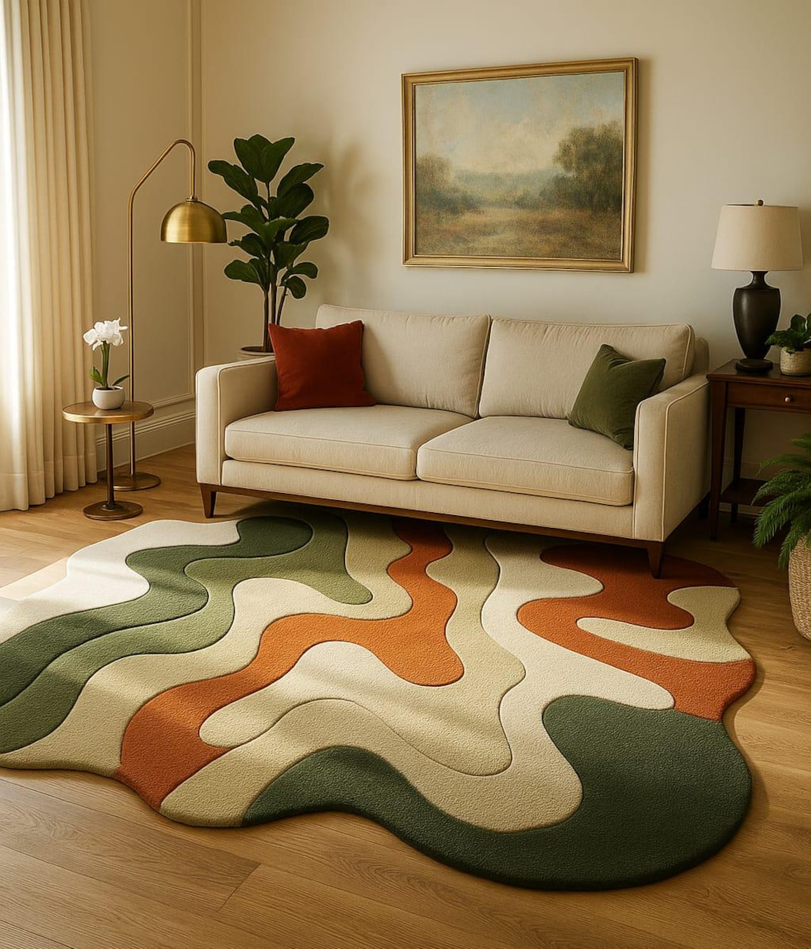 Rust And Olive Rug Handmade Abstract Wool Rug – Earth Tone Irregular Wavy Carpet - Etsy