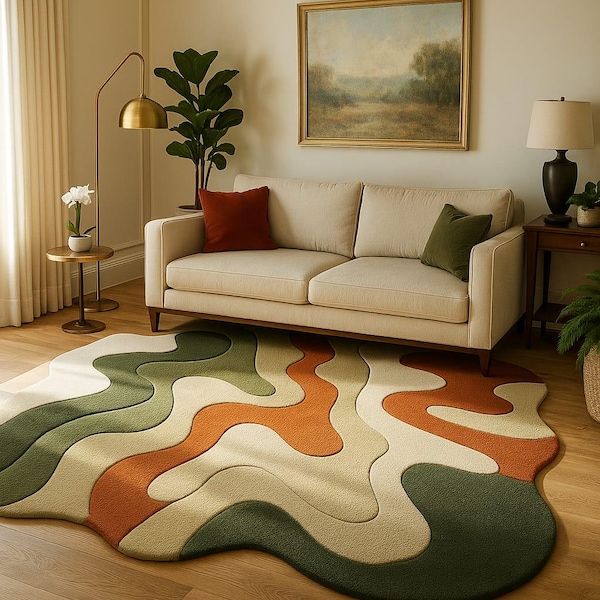 Earth Tone Abstract Rug – Handmade Irregular Tufted Carpet in Olive Green, Rust & Cream | Custom Modern Wavy Rug for Living Room Decor