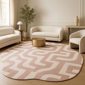 Blush Pink Modern Abstract Rug – Soft Cream Geometric Round Carpet for Living Room, Minimalist Luxury Area Rug for Bedroom or Cozy Interior