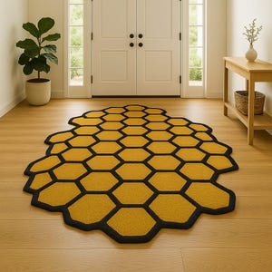 Honeycomb-matta – handgjord gulsvart hexagonmatta | Modern bikupeinspirerad tuftad matta för entré, vardagsrum, naturtemainredning