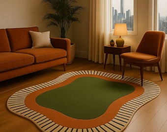 Retro Modern Green/Orange Wavy Rug – Handmade Irregular Shape Tufted Area Carpet with Striped Border, Custom Artistic Floor Decor Wool Art