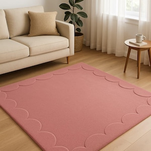 Luxurious Abstract Solid Pink Color 6x9/8x10/9x12 Scalloped Handmade Tufted Area Rug, Premium Quality Woolen Carpet for Living Room, Hallway