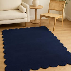 Abstract Modern Scalloped 5x8 Wool Area Rug, Dark Blue Color Irregular Wavy Hand Tufted Rug for Entryway, Bedroom, Living Room, Office Decor