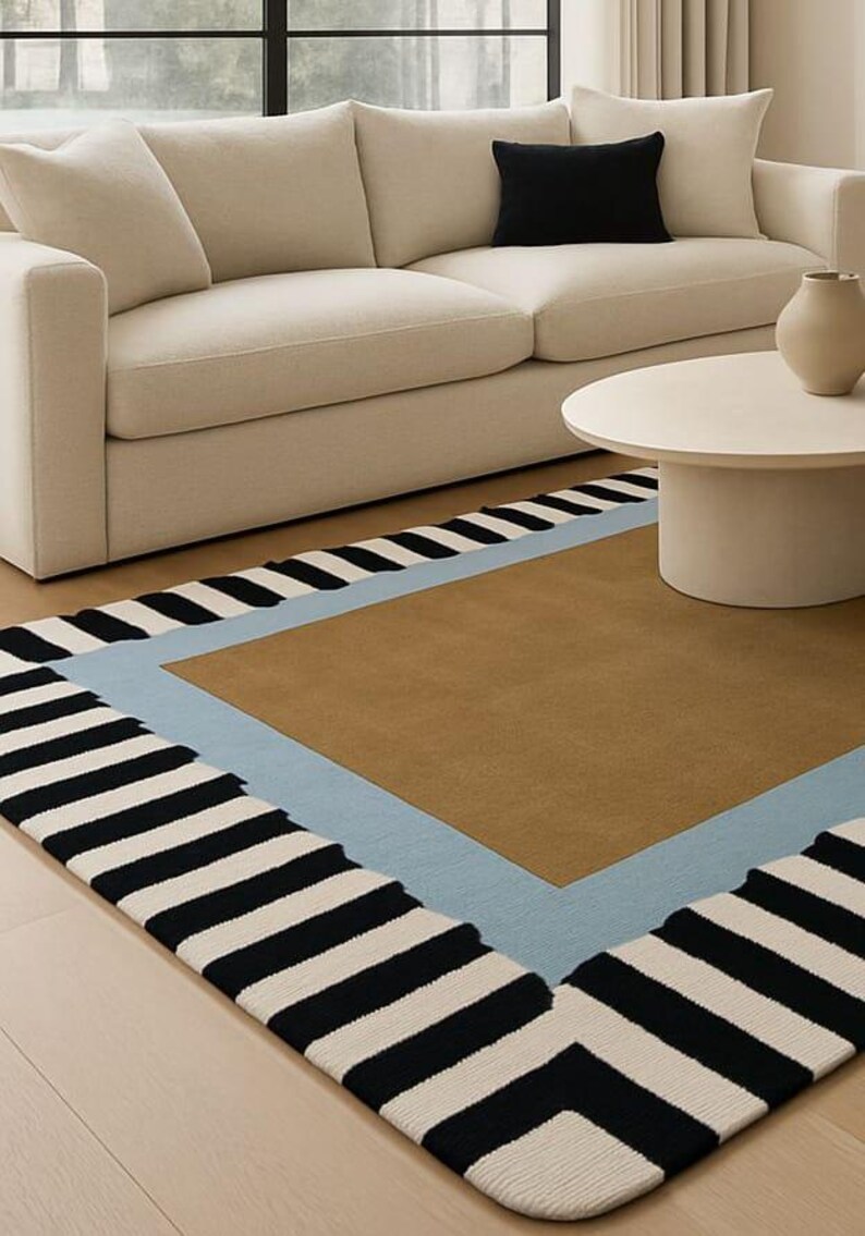 Handmade Color Block Wool Rug | Modern Striped Border Carpet - Etsy
