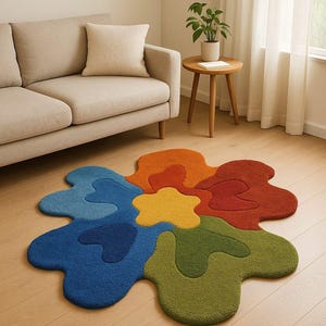 Hand Tufted Flower Pattern rug 5x5/6x6/10x10 Elegant Flower Inspired Irregular Shape Woolen Rug Perfect for Bedroom, Living Room, Kids room