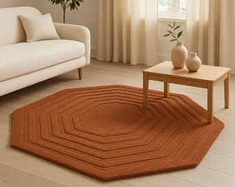 Hand Tufted Woolen Octagon Rug, Vibrant Orange Area Rug