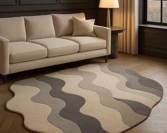 Hand-Tufted Wool Area Rug – Neutral Wavy Modern Carpet