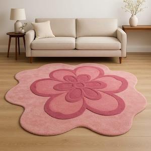 Pink Flower Shaped Rug – Handmade Tufted Floral Carpet for Girls Room, Nursery, Bedroom, Living Room – Custom Cute Rug Decor Modern Area Rug