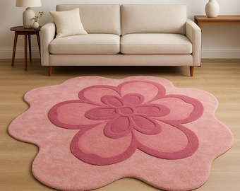 Handmade Tufted Wool Flower Rug – Pink Floral Nursery Decor
