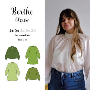 Peut inclure: Un patron de couture pour le chemisier Berthe avec un col montant, des manches longues à poignets et une encolure goutte d'eau. Le patron indique un niveau intermédiaire, des tailles FR32 à 50 et présente quatre variantes en vert.