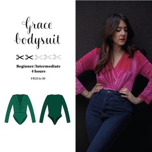 Peut inclure: Patron de couture pour un body à manches longues appelé "Grace Bodysuit". Le patron est destiné aux couturières débutantes à intermédiaires et prend environ 4 heures à réaliser. Il est disponible dans les tailles FR32 à 50. L'image montre un croquis plat du body en vert.