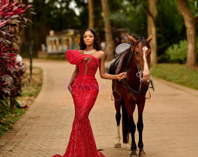 Red Sequin Mermaid Prom Gown | Beaded Corset, One-Shoulder Dress