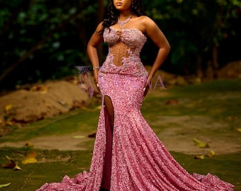 Pink Sequin Mermaid Gown, Sheer Corset, Jeweled Prom Dress