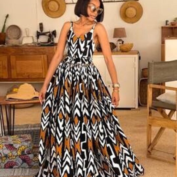 African Ankara maxi dress, Summer Ankara dress, African women Ankara ball gown, large alter neck pleated gown, Multicolored evening wear,