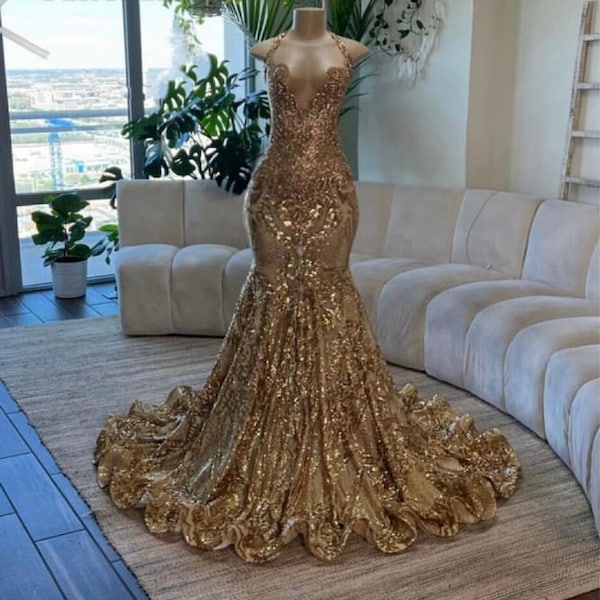 African prom dress, Gold prom dress, Unique mermaid prom dress, bridesmaid gown, evening gown, birthday photoshoot gown, dinner party gown