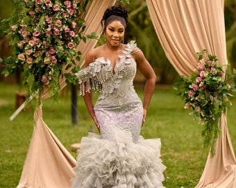 Silver One-Shoulder Prom Dress, 3D Floral Applique, Tulle Train Couture Gown