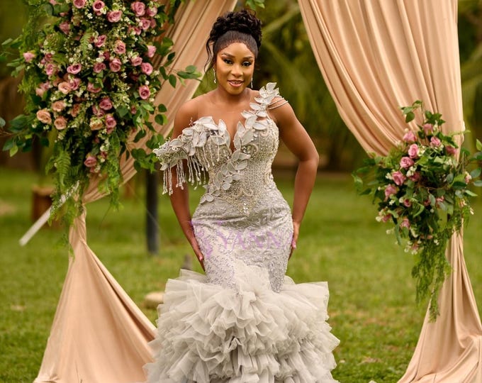 Silver One-Shoulder Prom Dress, 3D Floral Applique, Tulle Train Couture Gown