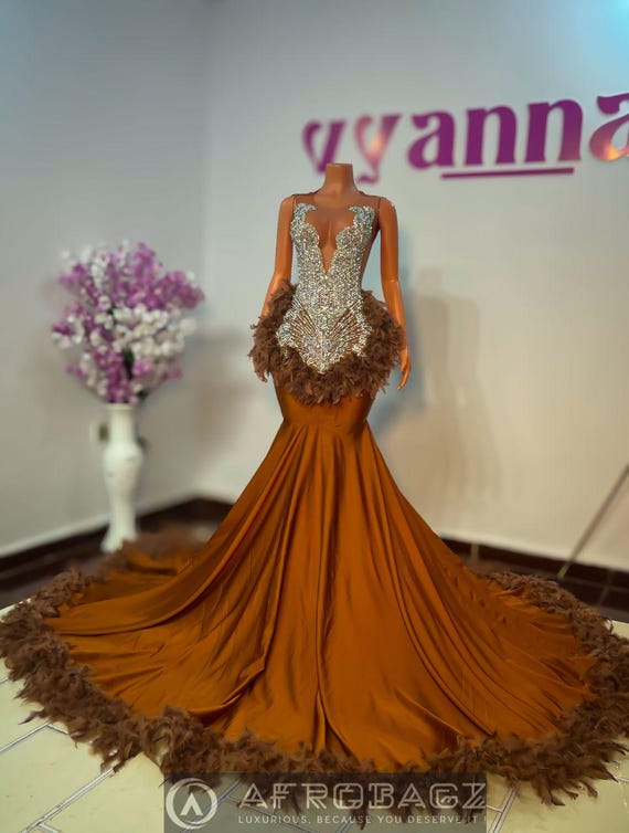 Feather Mermaid Prom Dress: Brown Silk Wedding Gown