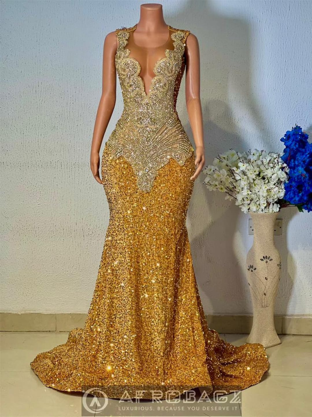 African Prom Dress, Shimmery Sequin Prom Dress, Luxury Mermaid Dress