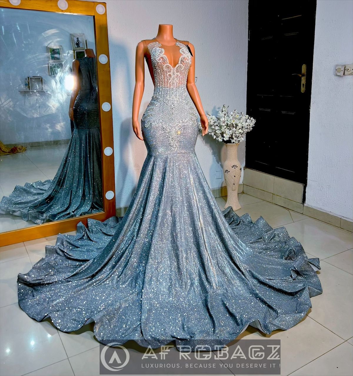 chinese dress ladies Champagne Rhinestone Mermaid Prom Dress with Spaghetti Straps – FancyVestido main image 0