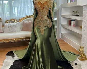 African prom dress, unique prom dress, luxury mermaid prom dress and cape, velvet evening gown, birthday photoshoot gown, dinner party gown