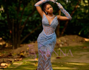 Ice Blue Beaded Mermaid Gown | Illusion V-Neck Prom Dress with Gloves
