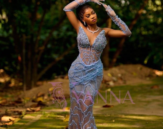 Ice Blue Beaded Mermaid Gown | Illusion V-Neck Prom Dress with Gloves