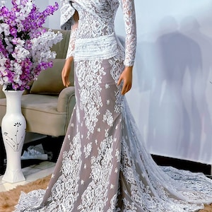 African luxury floral lace Bridal dress, Bride white mermaid gown, reception party gown, civil wedding dress, minimalist Muslim bridal dress