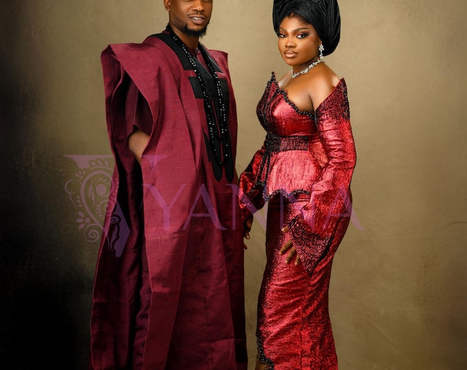 African Yoruba Bridal Asooke Couples Outfit, Traditional Wedding Agbada Dress