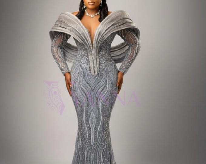 Silver Beaded Mermaid Gown | Sculpted Collar, Evening Prom Dress