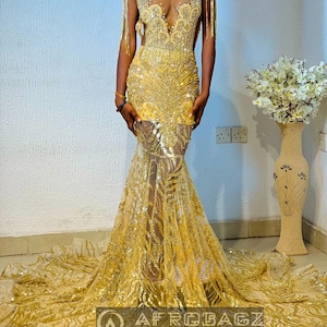 African prom dress, ball dress, luxury gold mermaid prom dress, bridesmaid gown, evening gown, birthday photoshoot gown, dinner party gown
