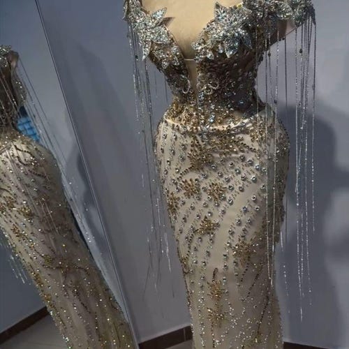 gold crystal prom dress Sparkly Gold Mermaid Prom Dress Long Train Crystal Wedding Party Gown   jkprom