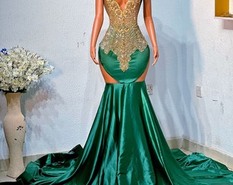 Green Mermaid Prom Dress: Embellished African Wedding Party Gown