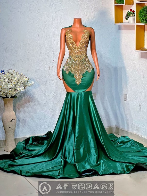 Green Mermaid Prom Dress: Embellished African Wedding Party Gown