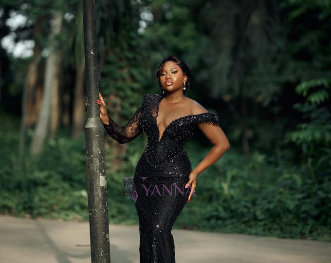 Black Beaded Sequin Prom Dress | One-Sleeve Corset Evening Gown