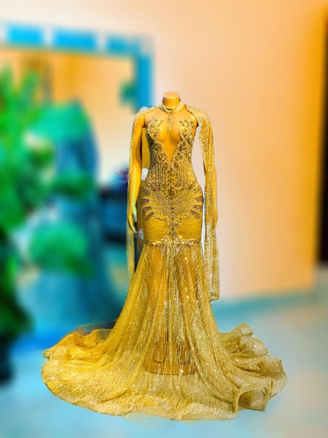 African Prom Dress, Luxury Gold Mermaid Prom Dress, Dress