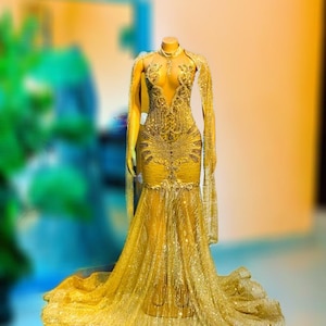 African Prom dress, luxury gold mermaid prom dress, homecoming dress, bridesmaid embellished dress, evening dress, birthday photoshoot dress
