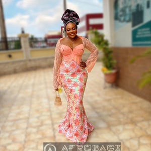 owanbe party dress, African women Asoebi mermaid dress with train, brides wedding dress,  bridal dress, traditional wedding reception dress