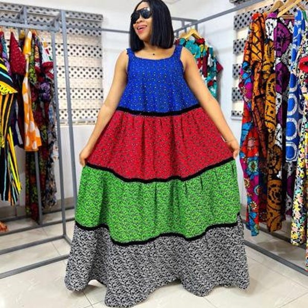 African Ankara maxi dress, Summer beach Ankara dress, African women long dress, large alter neck pleated gown, Multicolored evening wear