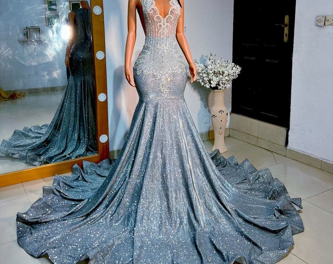 Silver Shimmery Mermaid Prom Dress: Luxury African Design