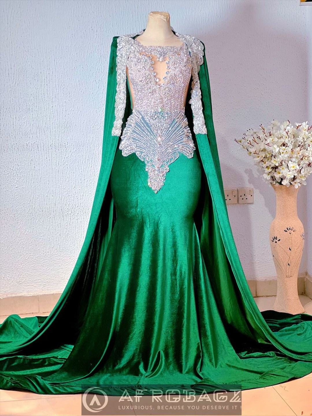 Green Velvet Prom Dresses African aso ebi Mermiad Evening Dress With Slit main image 0