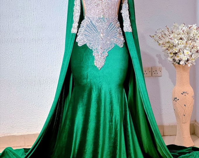 Emerald Green Velvet Mermaid Prom Dress with Cape
