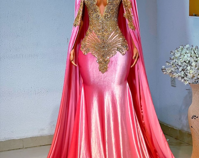 Luxury Velvet Mermaid Gown with Cape: African Prom Dress