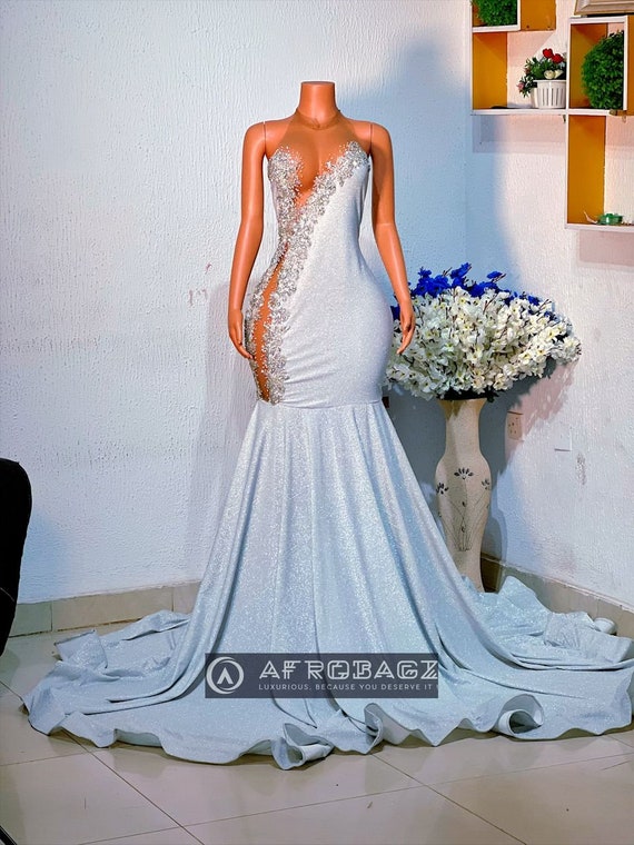 Shimmery Mermaid Prom Dress: African Silver Evening Gown